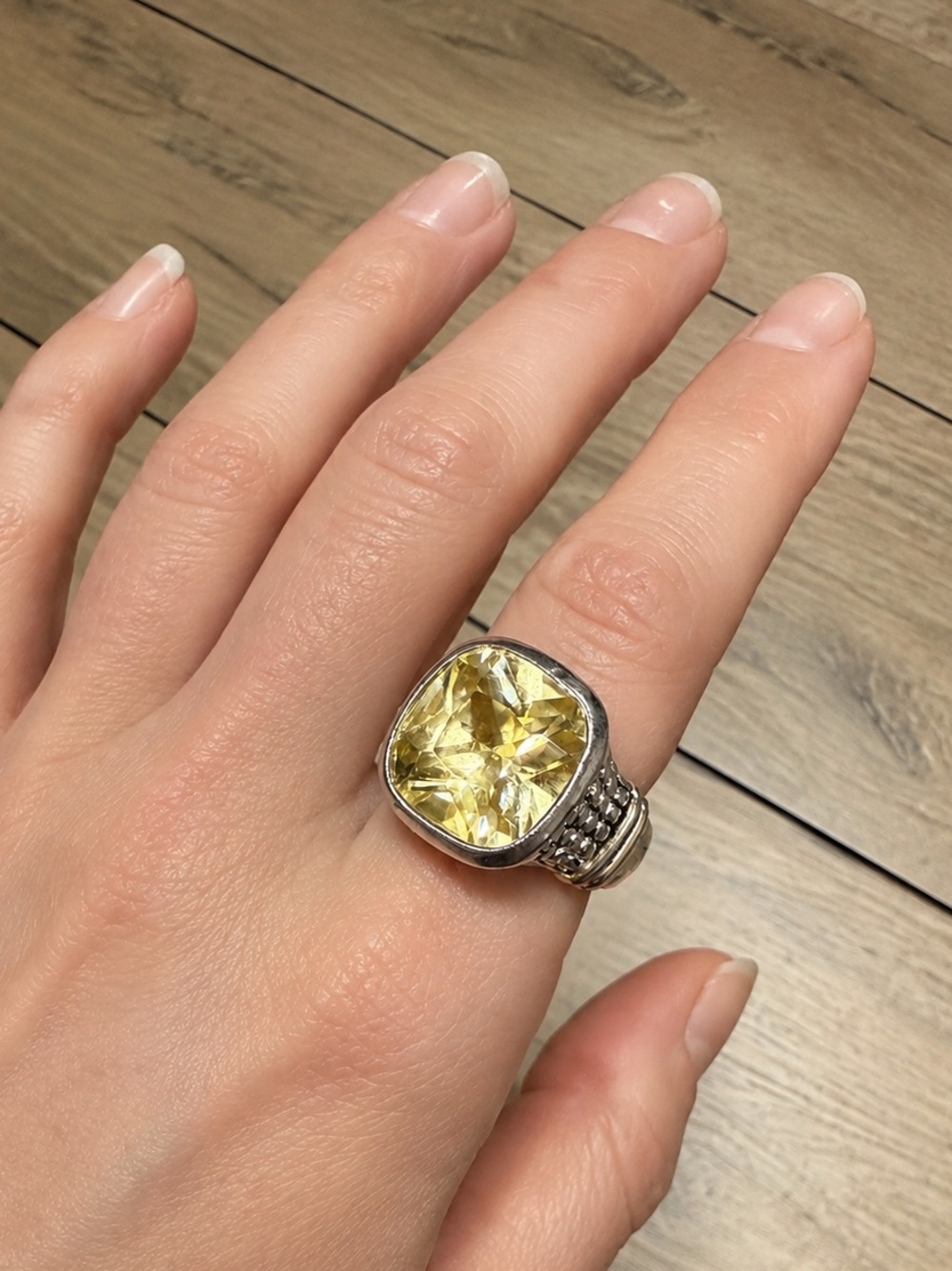 Sterling Silver Ring Two Tone Statement  Cushion Cut Yellow Stone Size 8 - Picture 3 of 13